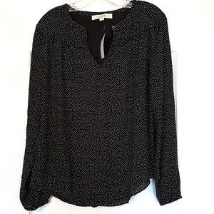 LOFT Black White Dots Split Neck Top Size S NWT